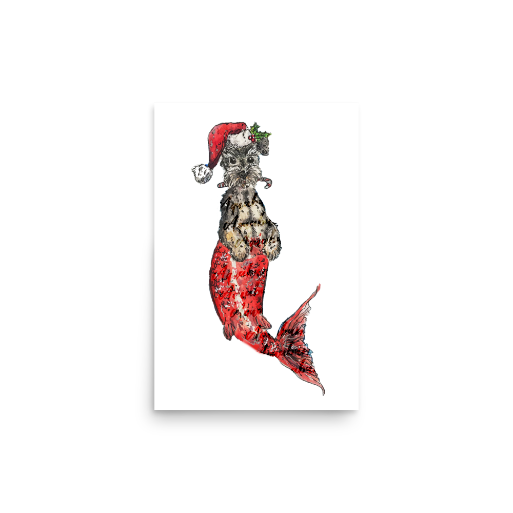 Christmas Dog Mermaid Red Tail Poster