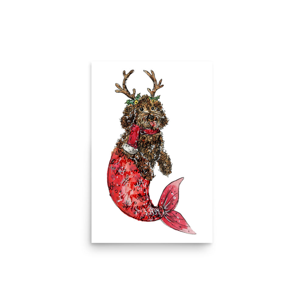 Christmas Dog Mermaid Red Tail Poster