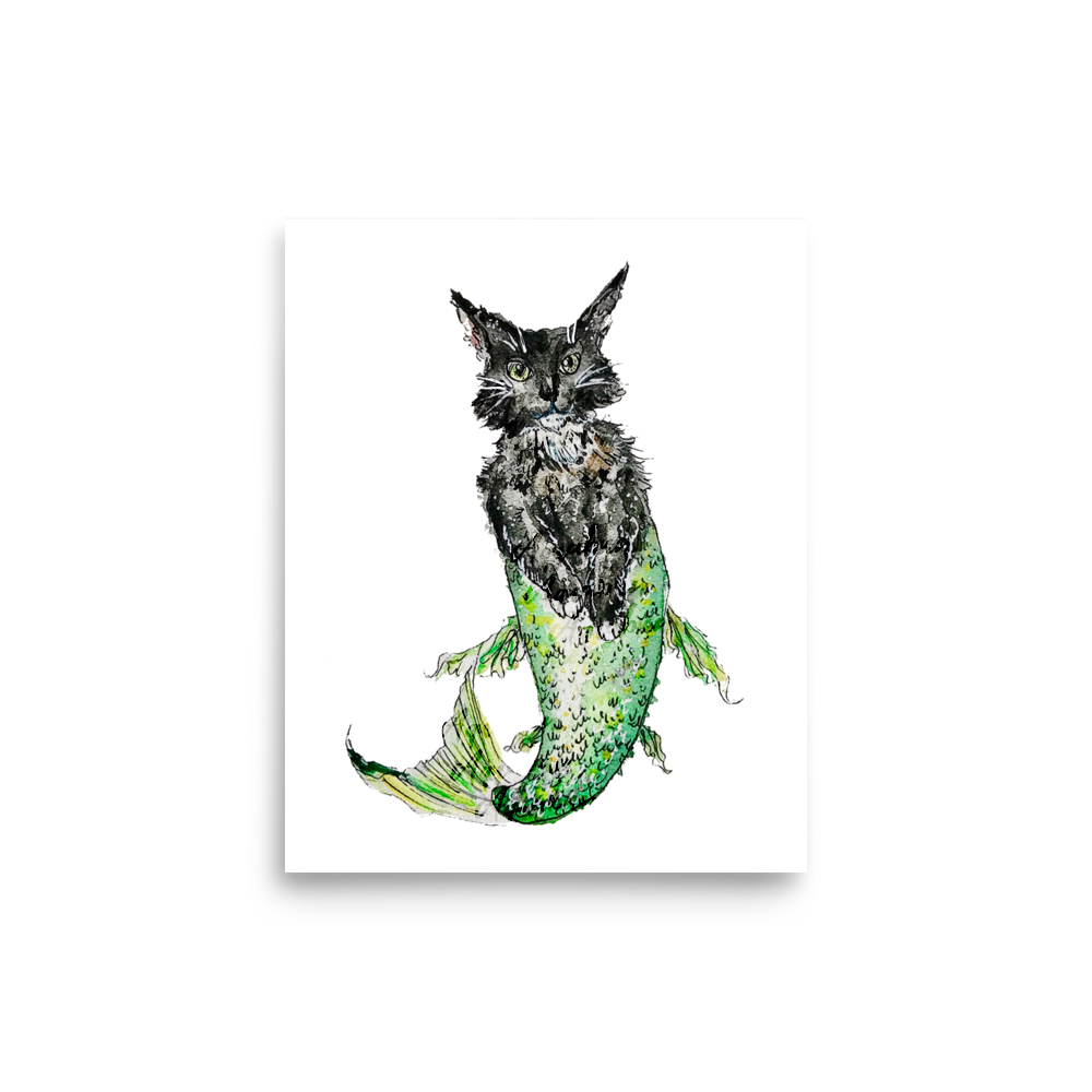 Cat Mermaid Green Tail Poster