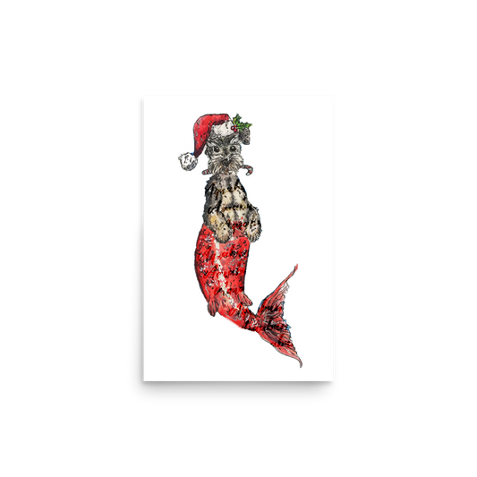 Christmas Dog Mermaid Red Tail Poster