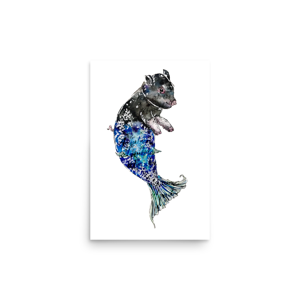 Pig Mermaid Blue Tail Poster