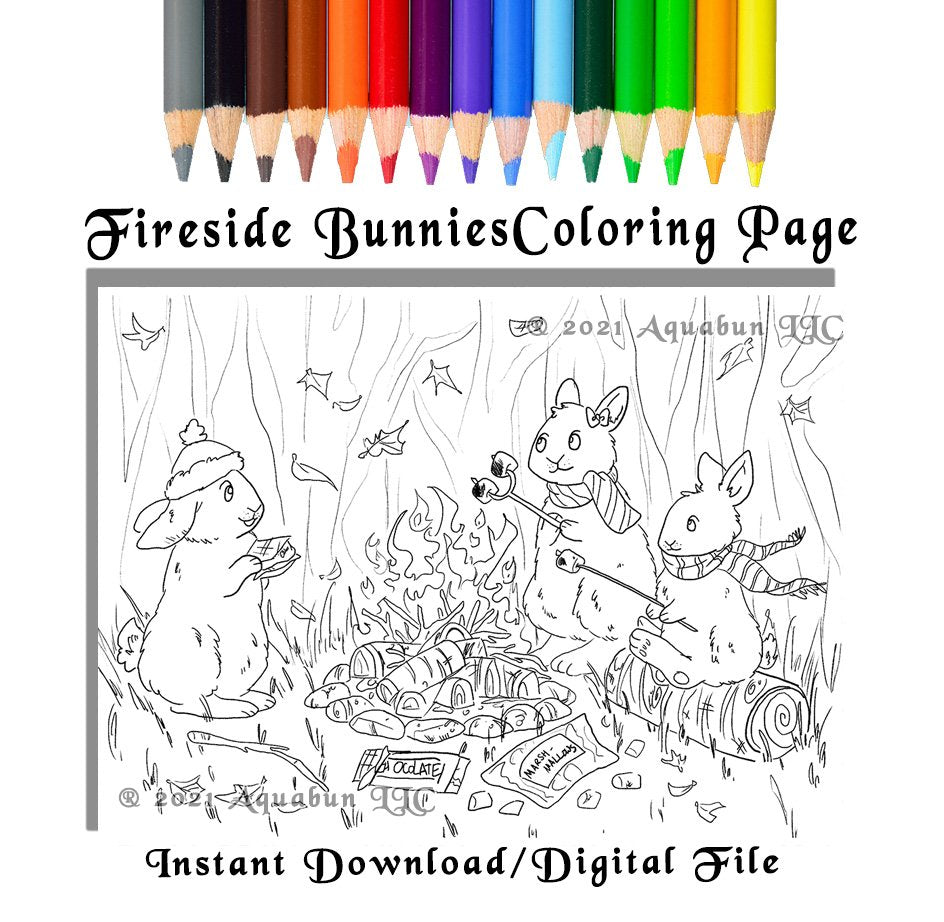 Fireside Bunnies Coloring Page – Aquabun