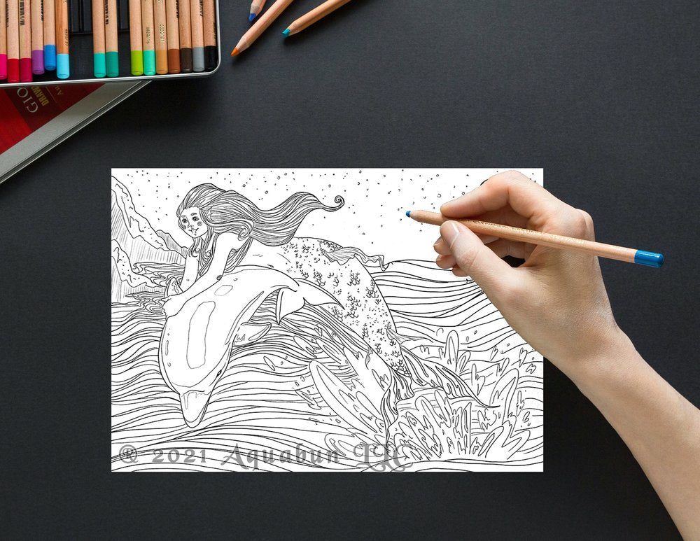 Mermaid Riding Dolphin Coloring Page